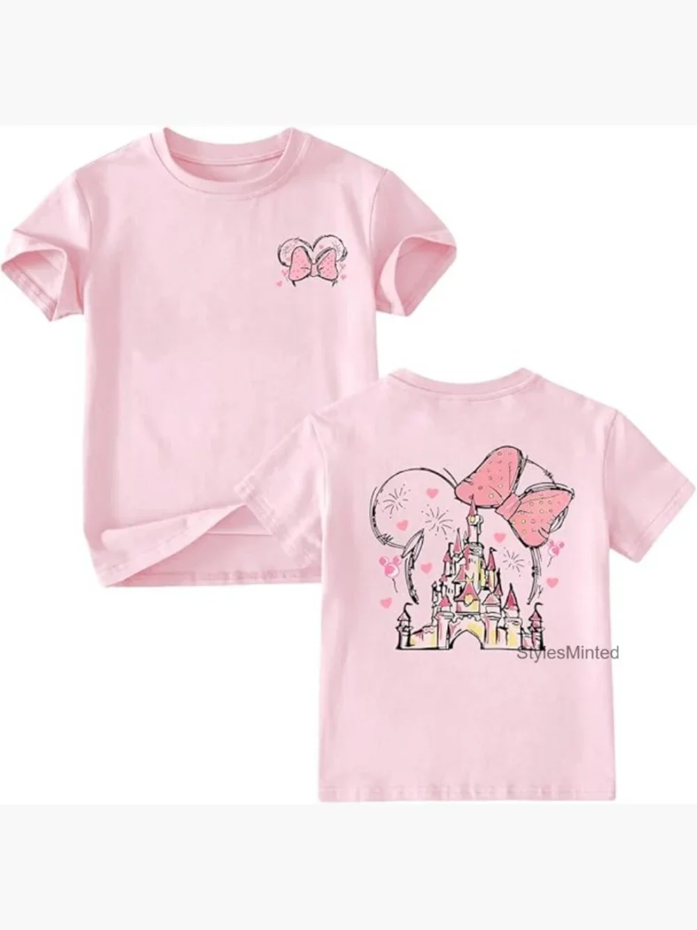 Kids Bow Graphic Short Sleeve Crew Neck T-Shirt Castle Print Vacation Tee